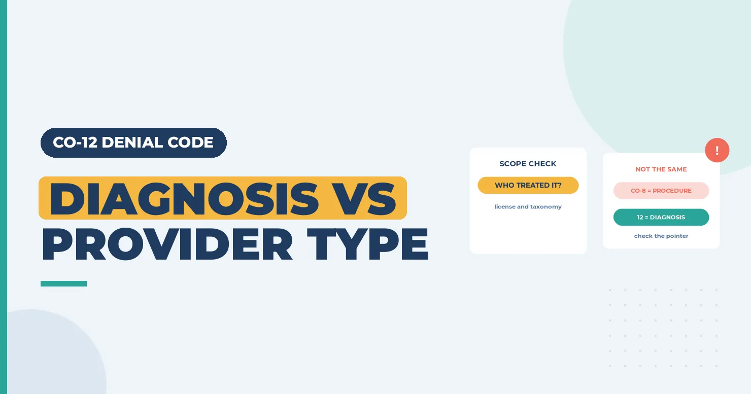 CO-12 Denial Code (CARC 12) 2026: Diagnosis Inconsistent With Provider Type 1 Diagnosis versus provider type banner, with a scope check card and a CO-8 versus CO-12 card
