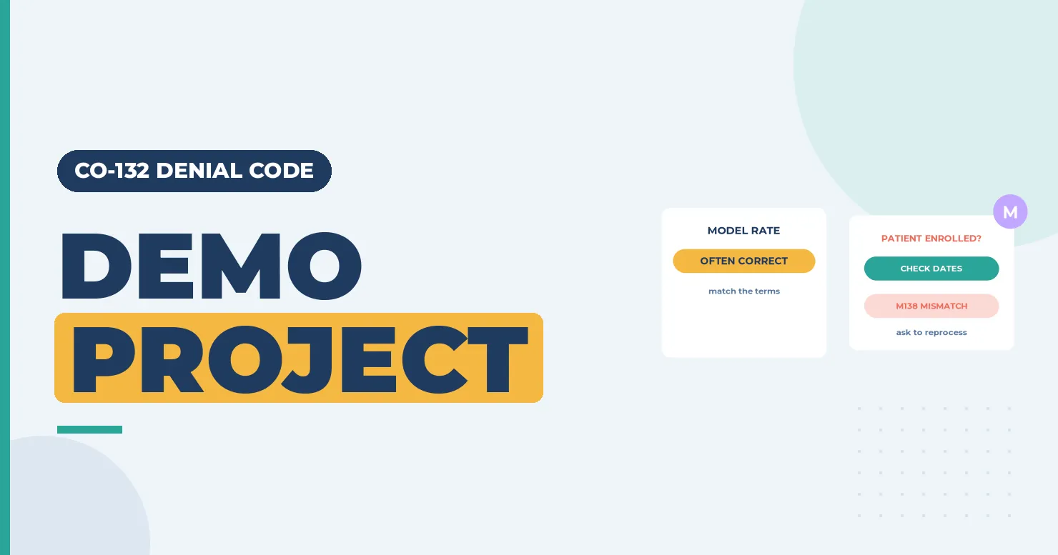 CO-132 Denial Code (CARC 132) 2026: Prearranged Demonstration Project Adjustment 1 Demo project banner with a model rate often-correct card and a patient enrolled check-dates card