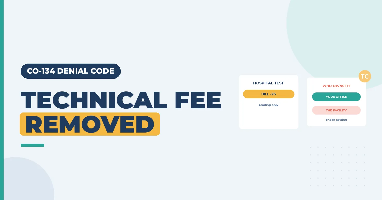 CO-134 Denial Code (CARC 134) 2026: Technical Fees Removed From Charges 1 Technical fee removed banner with a hospital test bill -26 card and a who owns it card