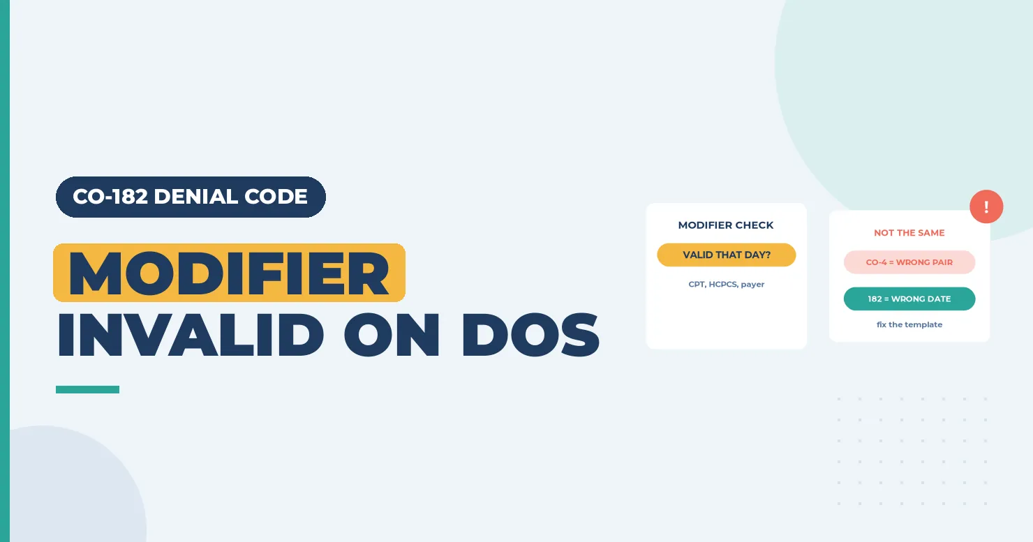 CO-182 Denial Code (CARC 182) 2026: Procedure Modifier Invalid on the Date of Service 1 Modifier invalid on the date banner with a modifier list card and a CO-4 versus CO-182 card