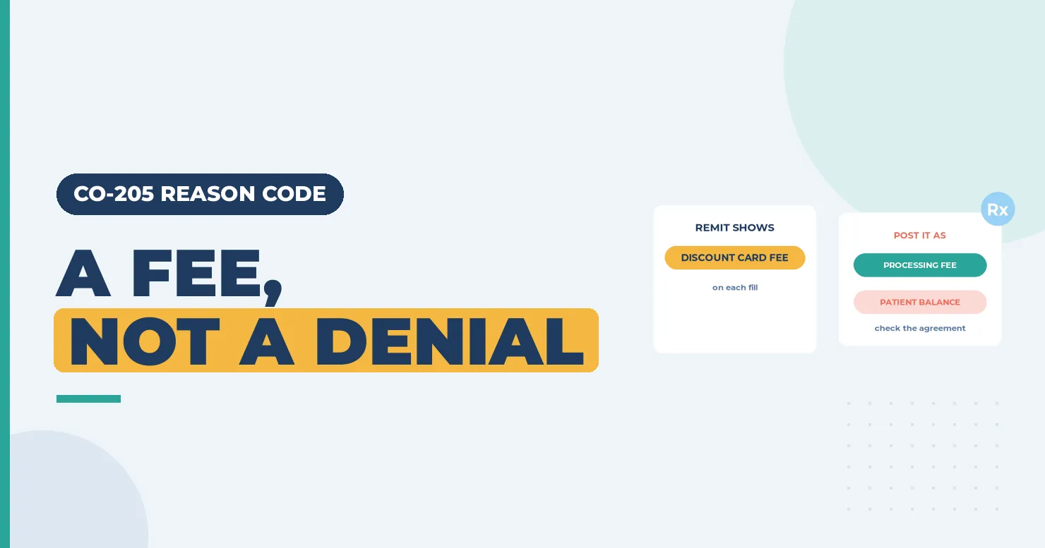 A fee, not a denial banner with a discount card fee card and a processing fee posting card