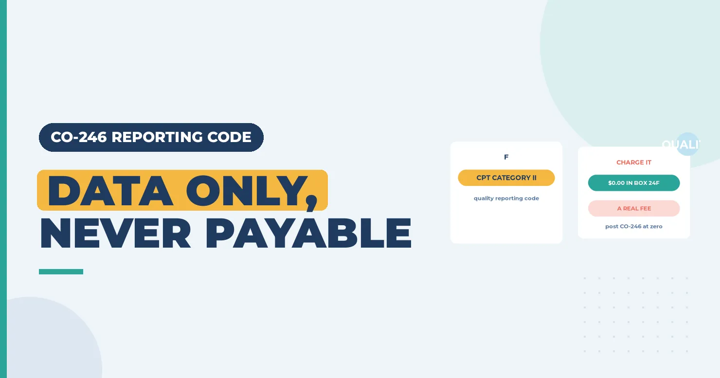 Data only, never payable headline with a CPT Category II card and a zero charge in Box 24F card
