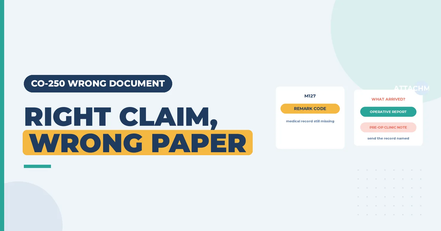 CO-250 Denial Code (CARC 250) 2026: Wrong Attachment Received 1 Right claim wrong paper headline beside a remark code M127 card and an operative report versus pre-op note card