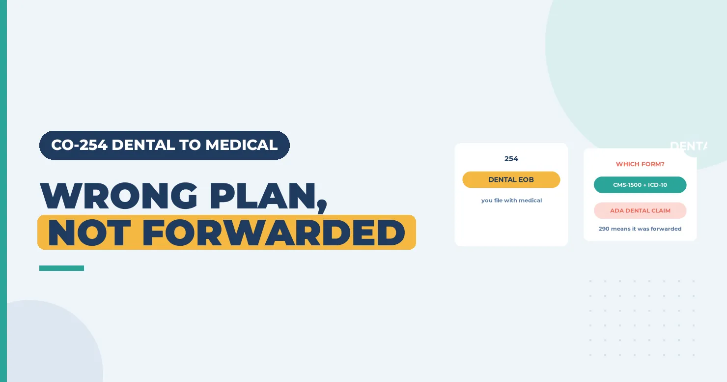 Wrong plan not forwarded headline with a dental EOB 254 card and a CMS-1500 versus ADA dental claim card