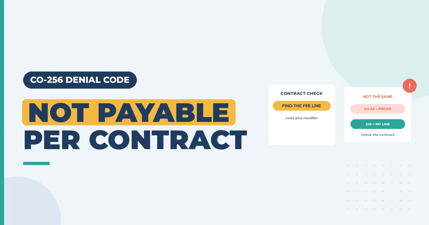 "Not payable per contract" banner on CO-256 denials, with a contract-check card and a comparison card