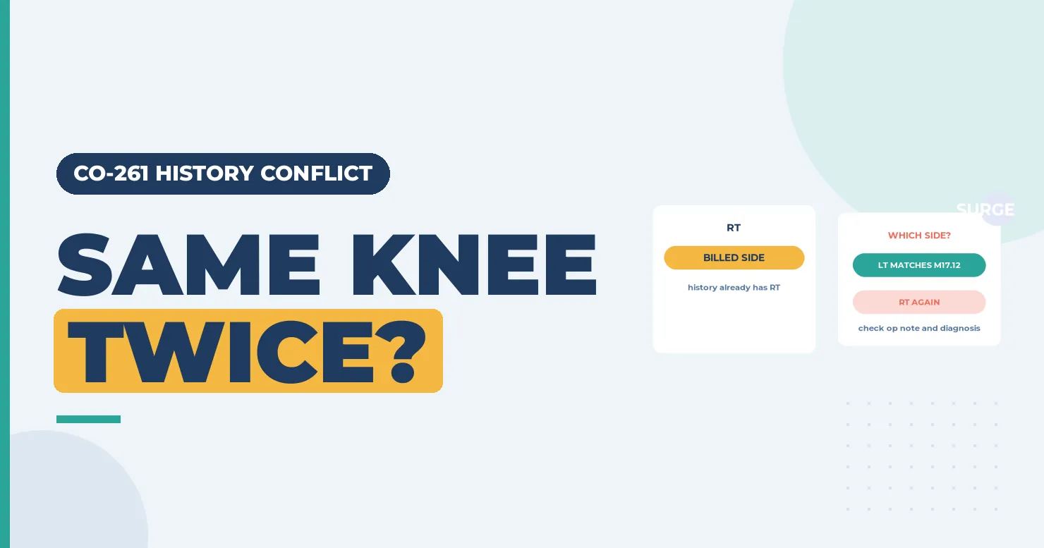 CO-261 Denial Code (CARC 261) 2026: Inconsistent With Patient History 1 Same knee twice headline with a billed side RT card and an LT matches diagnosis versus RT again card