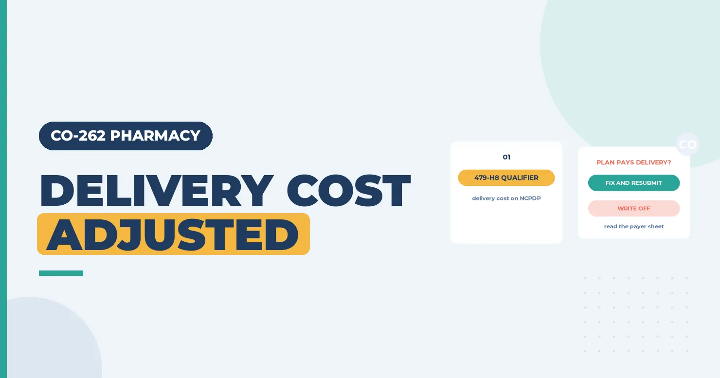 Pharmacy delivery cost banner with a 479-H8 qualifier 01 card and a payer sheet decision card