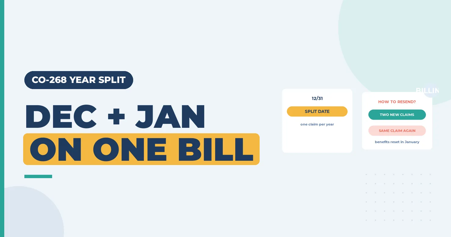 CO-268 Denial Code (CARC 268) 2026: One Claim per Calendar Year 1 December and January on one bill headline with a split date card and a two new claims card