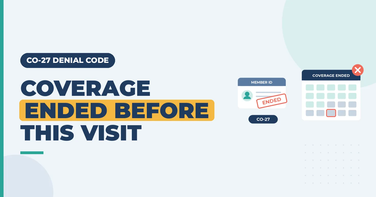 CO-27 Denial Code: Expenses Incurred After Coverage Terminated 1 Terminated member card and a coverage calendar, under the headline "Coverage ended before this visit" for CO-27