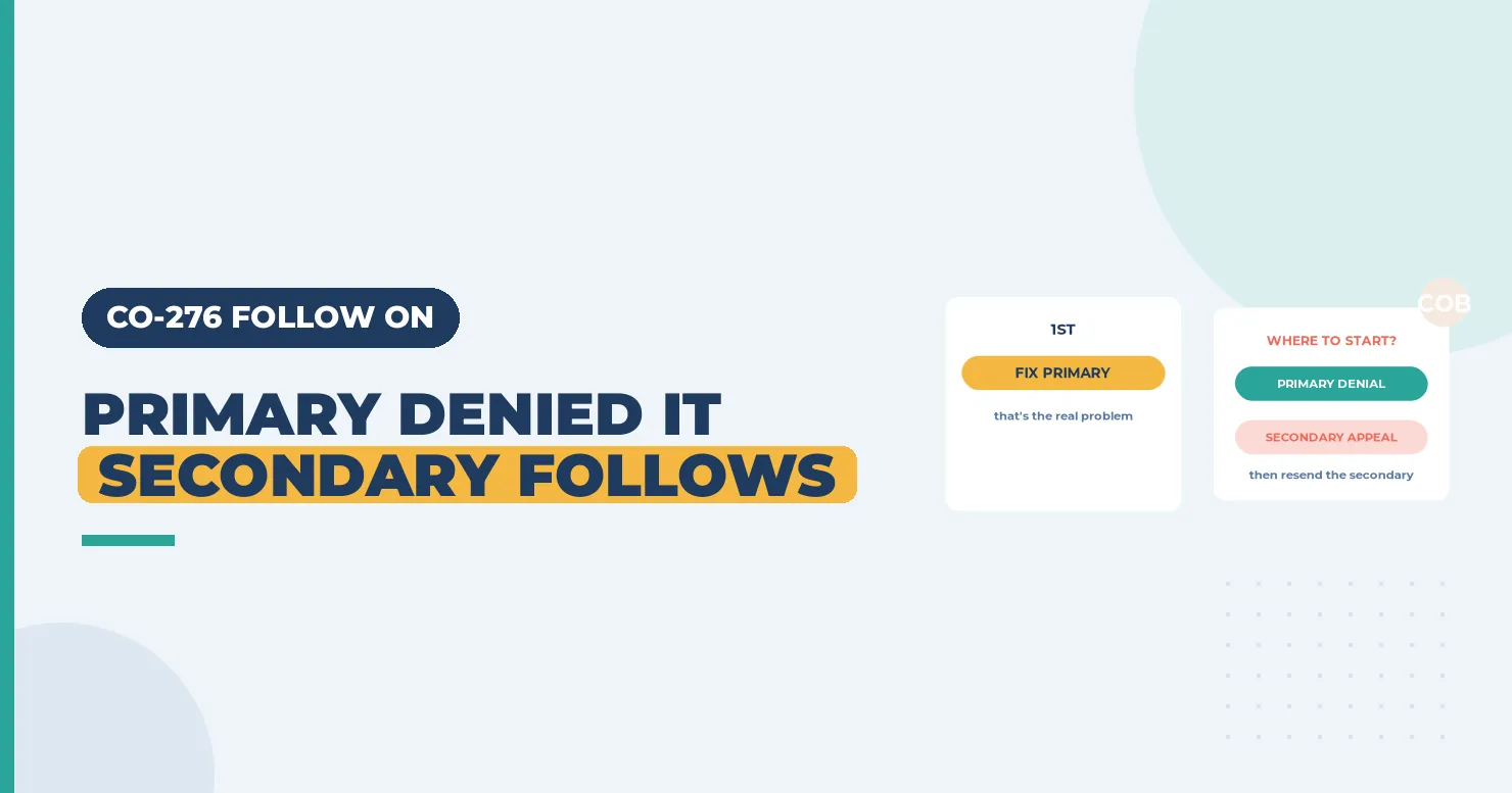 CO-276 Denial Code (CARC 276) 2026: Prior Payer Denied, So Secondary Won't Pay 1 Primary denied it and secondary follows headline with a fix primary card and a primary denial card