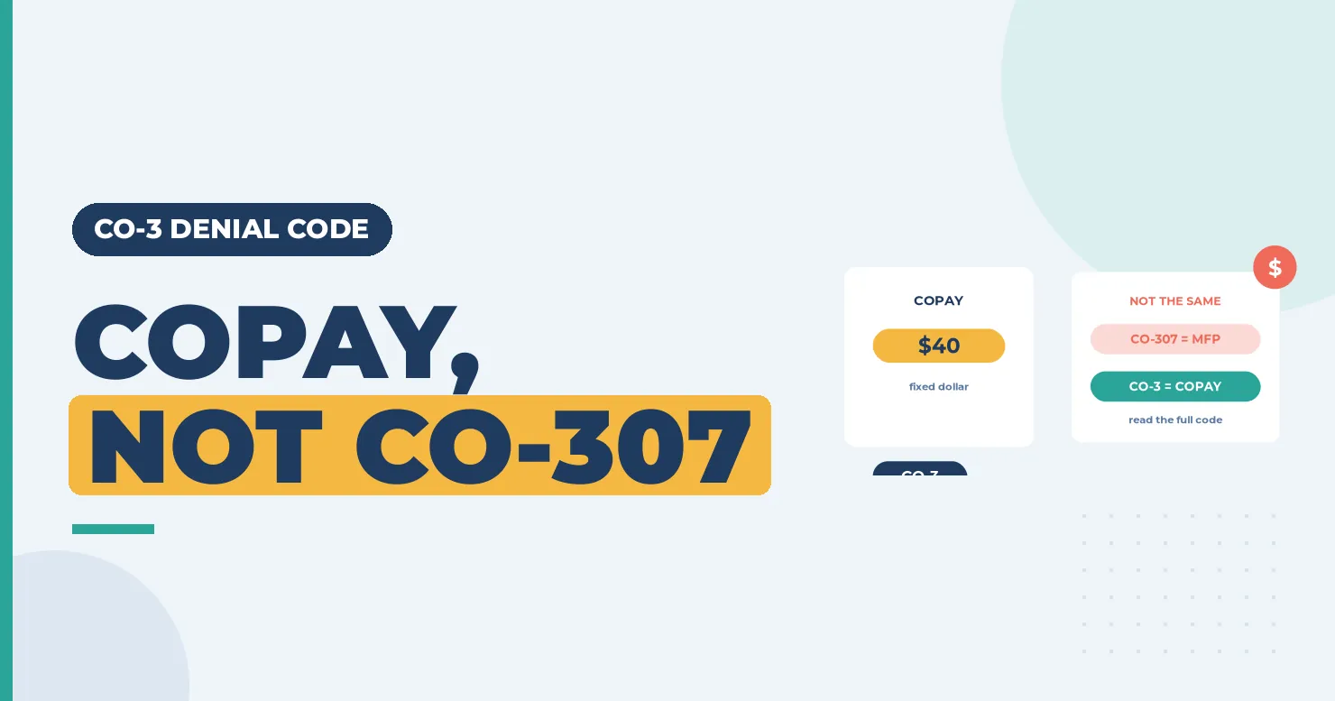 CO-3 Denial Code: Co-payment Amount (When the Group Code Is CO) 1 Copay card showing $40 and a not-the-same card, under the headline "Copay, not CO-307" for CO-3