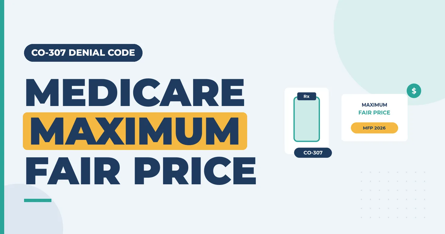 CO-307 Denial Code: Medicare Maximum Fair Price (Drug Price Negotiation) 1 "Medicare Maximum Fair Price" banner on CO-307 denials, with a drug vial and a price card