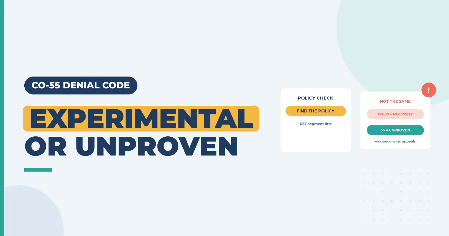 Experimental or investigational banner with a policy check card and a CO-50 versus CO-55 card