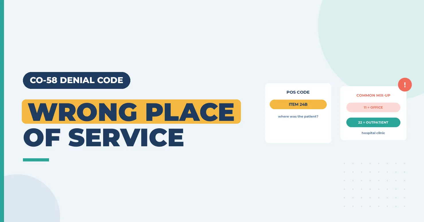 Wrong place of service banner with a POS code card and an office 11 versus outpatient 22 card