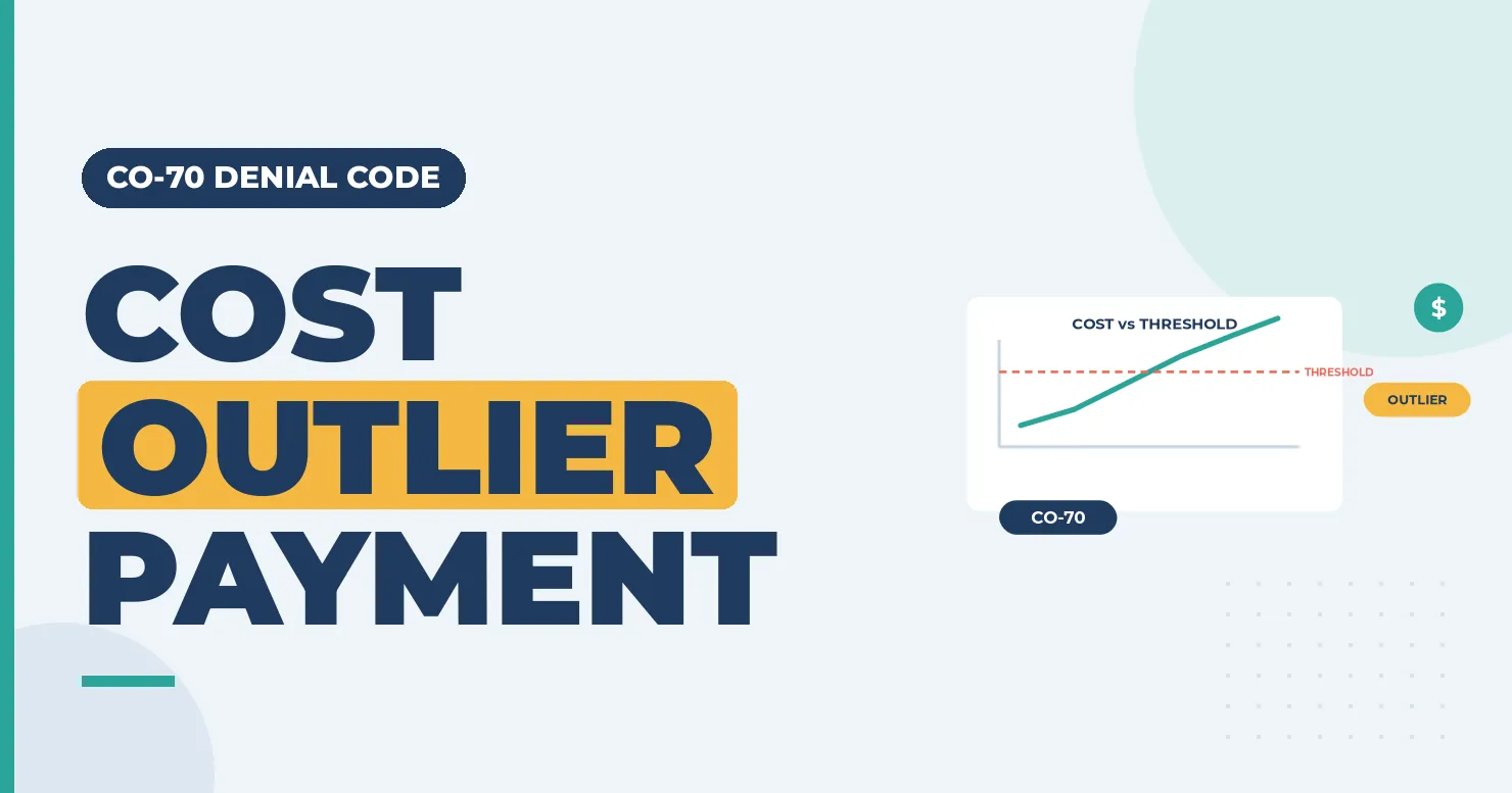 CO-70 Denial Code: Cost Outlier Adjustment 1 Cost-versus-threshold line chart crossing an outlier line, under the headline "Cost outlier payment" for CO-70