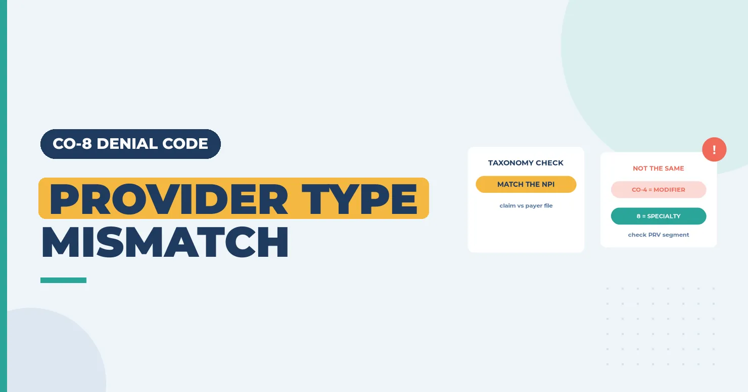 Provider type mismatch banner with a taxonomy check card and a modifier versus specialty card