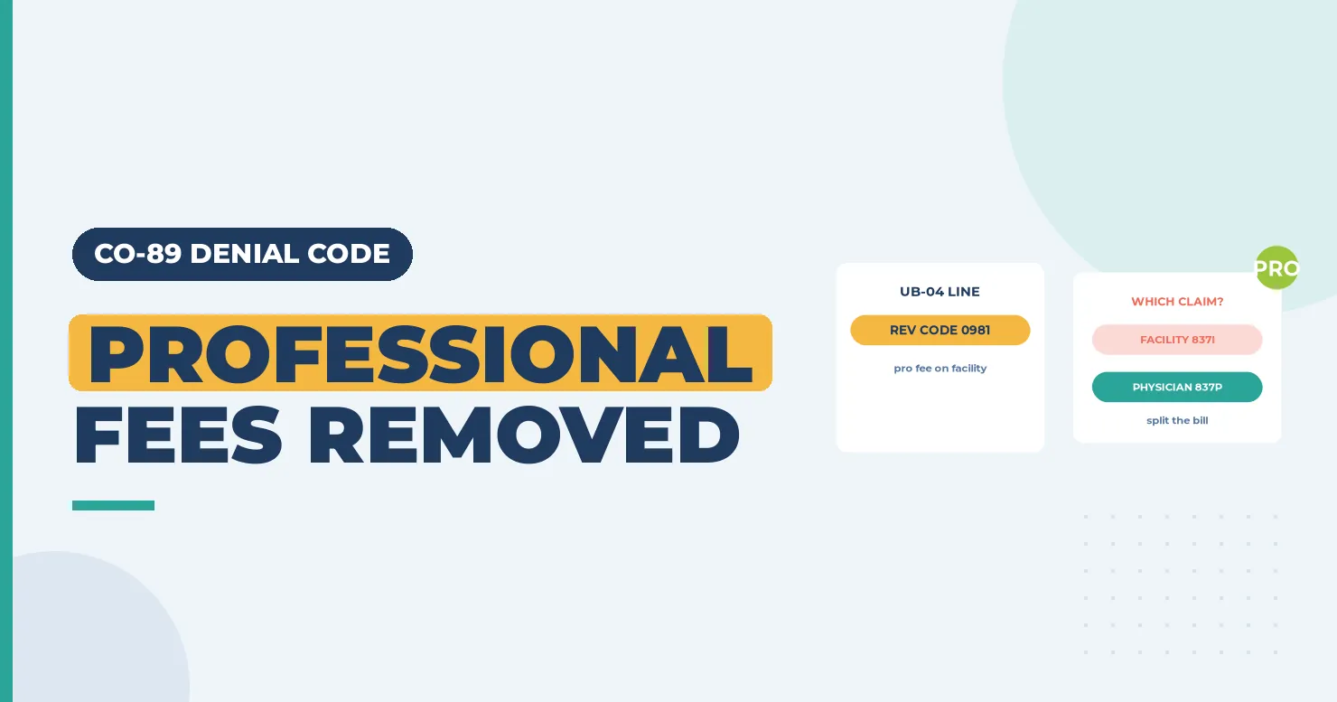 Professional fees removed banner with a UB-04 line card and a facility claim versus physician claim card