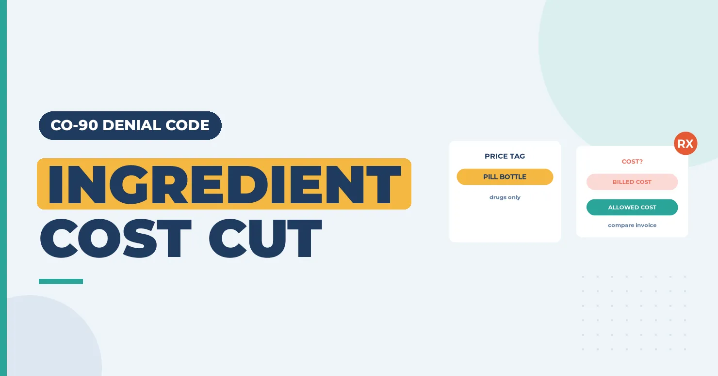 Ingredient cost cut banner with a pill bottle price tag card and a billed cost versus allowed cost card
