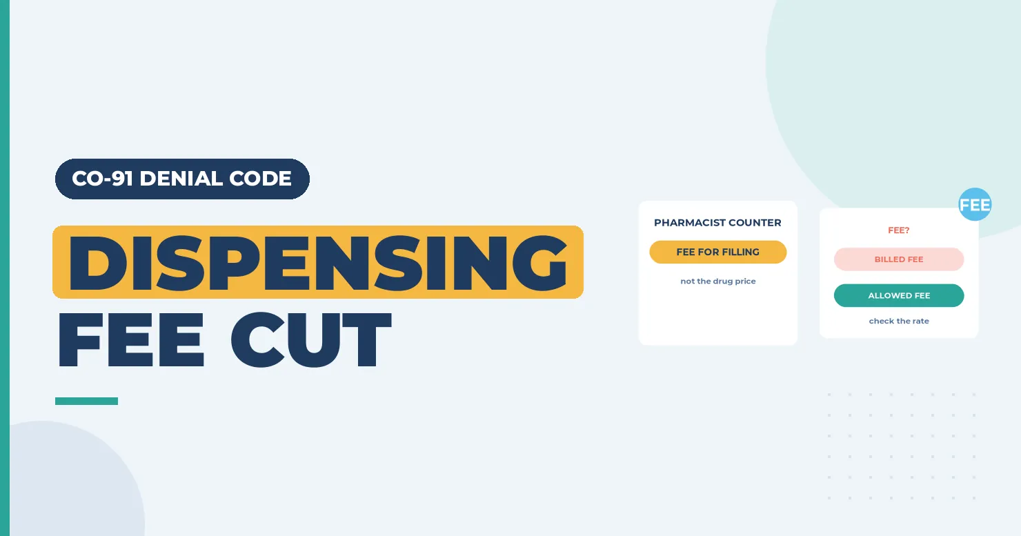 Dispensing fee banner with a pharmacist counter card and a billed fee versus allowed fee comparison