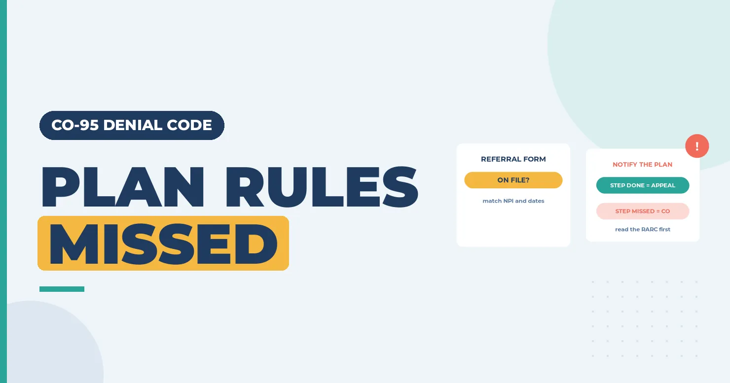CO-95 Denial Code (CARC 95) 2026: Plan Procedures Not Followed 1 Plan rules missed banner with a referral-on-file card and a notify-the-plan card for appeal or write-off