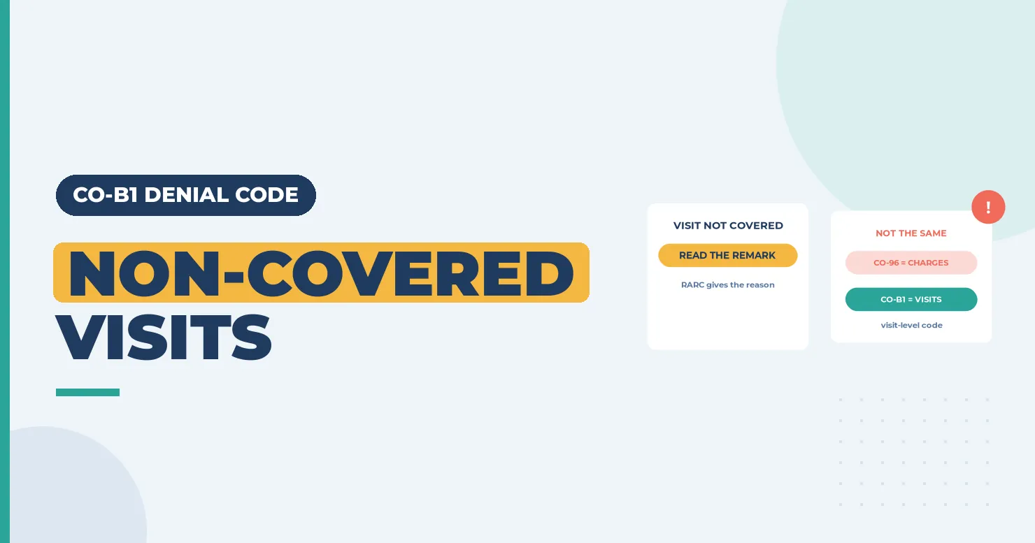 CO-B1 Denial Code: Non-Covered Visits 1 "Non-covered visits" banner on CO-B1 denials, with a visit-not-covered card and a comparison card