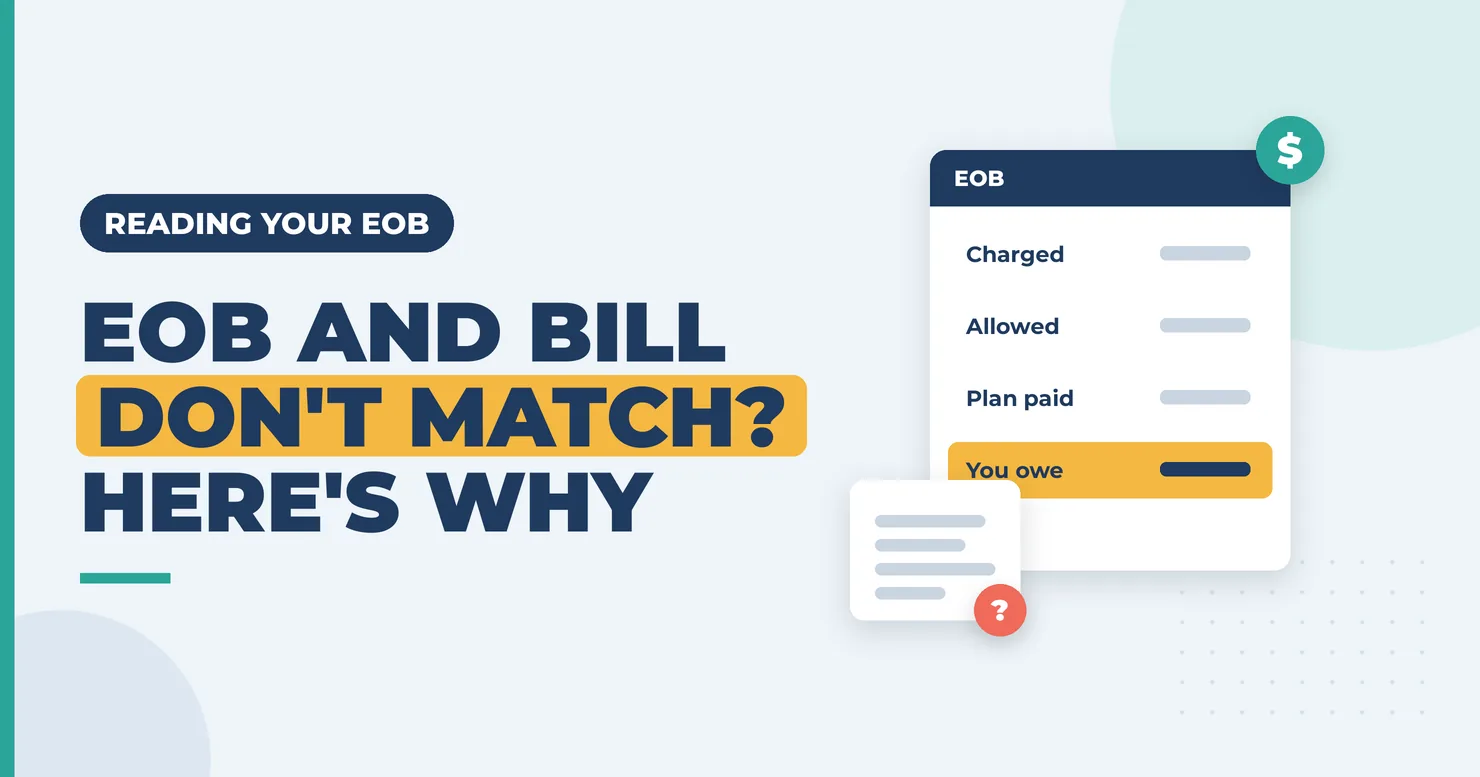 Sample explanation of benefits listing charged, allowed, plan paid and you owe, with the patient balance highlighted next to a medical bill
