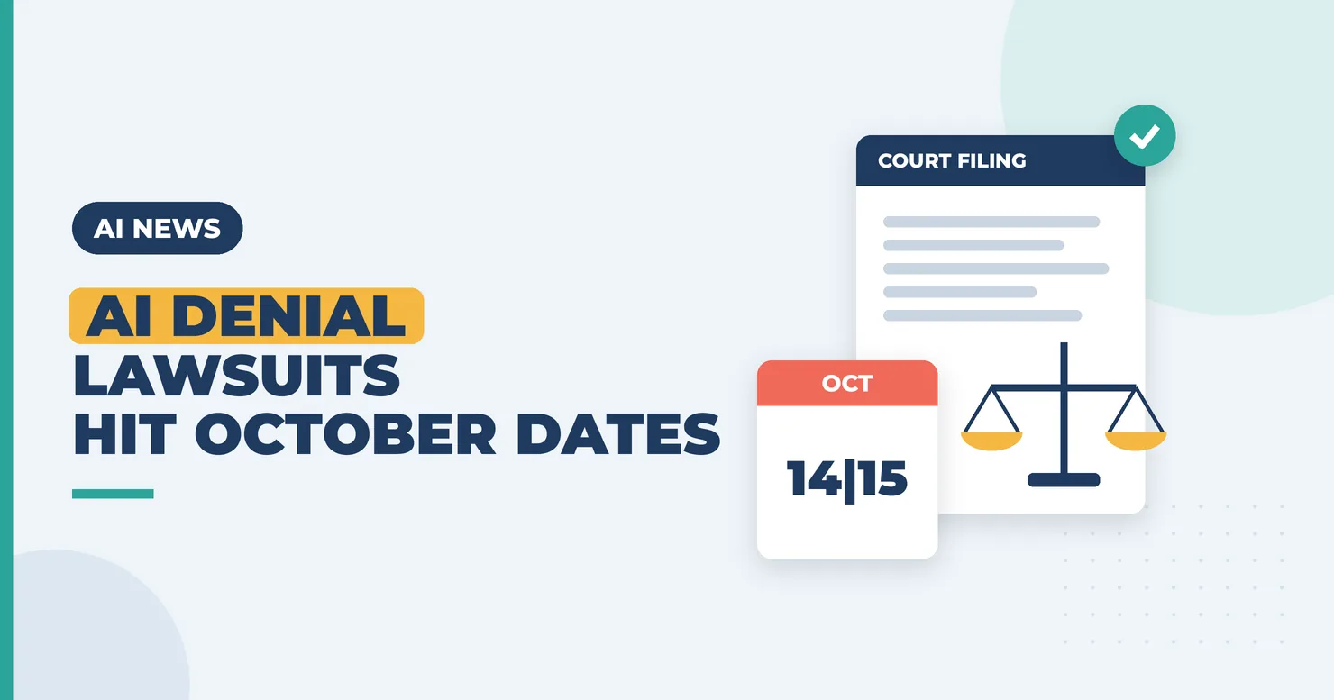 Illustration of a court filing with a calendar marking October 14 and 15 beside a rehab care plan and an appeal checkmark