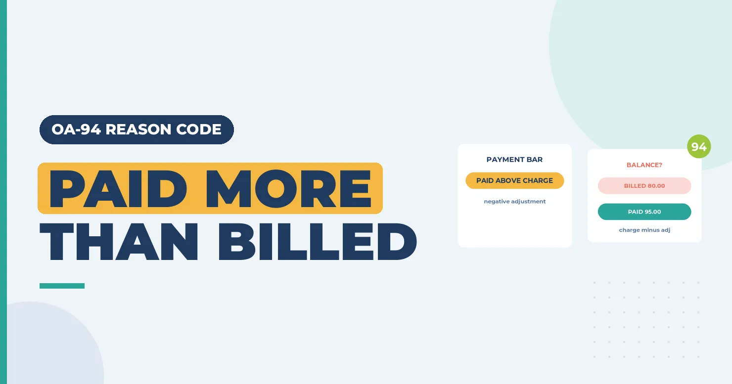 Paid more than billed banner with a payment card and a balance card showing billed 80.00 against paid 95.00