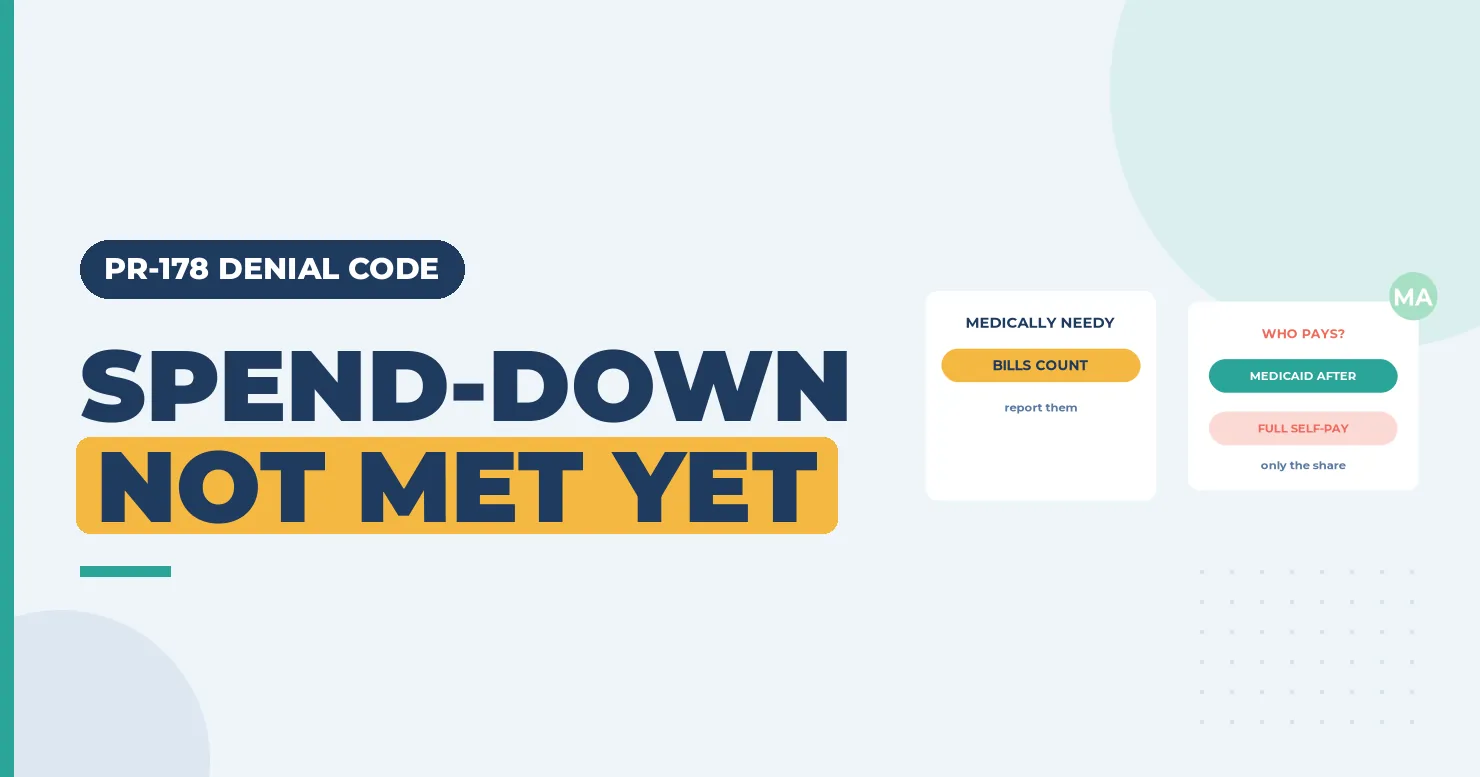 PR-178 Denial Code (CARC 178) 2026: Patient Has Not Met the Required Spend-Down Requirements 1 Spend-down not met yet banner with a medically needy bills count card and a who pays card
