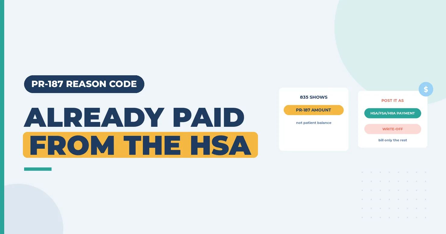PR-187 Denial Code (CARC 187) 2026: Consumer Spending Account Payments Explained 1 Already paid from the HSA banner showing a PR-187 amount card and an HSA, FSA or HRA payment card