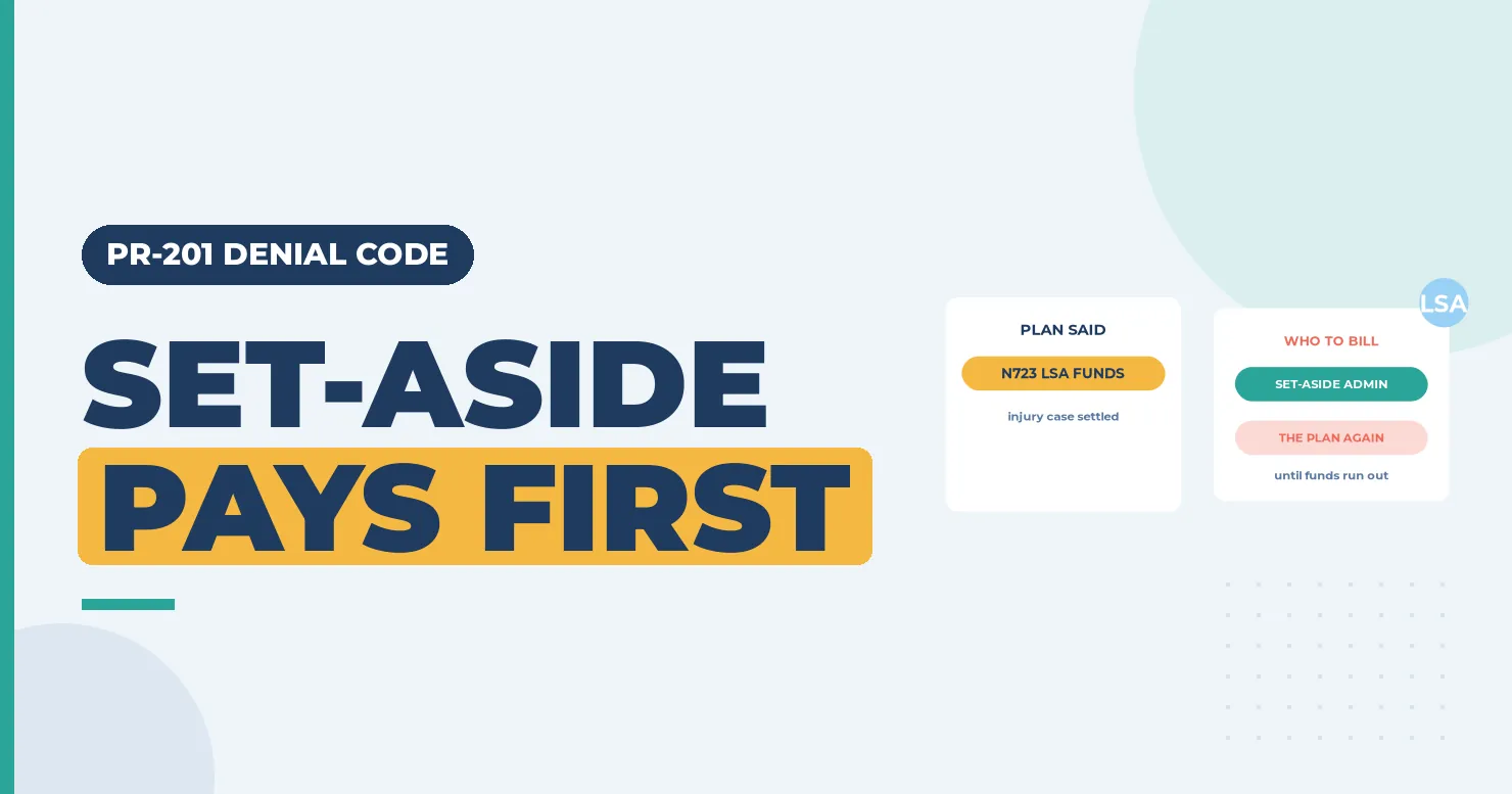 PR-201 Denial Code (CARC 201) 2026: Patient Responsible Through a Set-Aside Arrangement 1 Set-aside pays first banner with an N723 liability set-aside card and a bill the administrator card