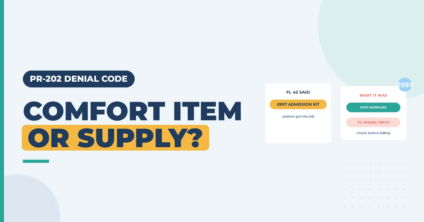 Comfort item or supply? banner with a 0997 admission kit card and a 0270 supplies card
