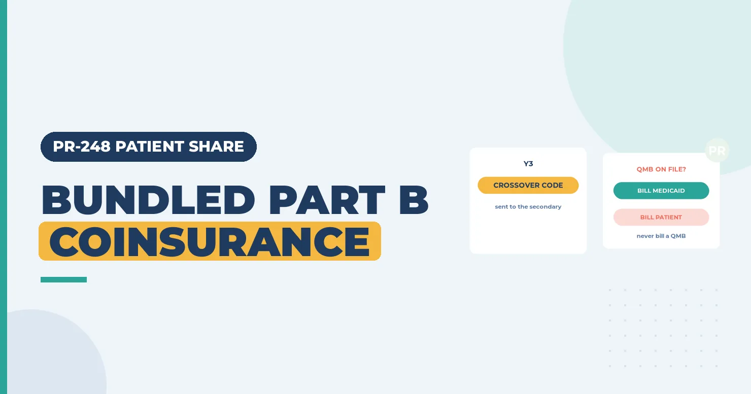 PR-248 Denial Code (CARC 248) 2026: Part B Coinsurance on a Hospital Claim 1 Bundled Part B coinsurance banner with a Y3 crossover card and a QMB billing check card