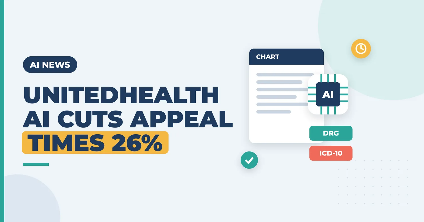 Illustration of an AI chip reviewing a claim chart with DRG and ICD-10 tags and a clock badge, for a UnitedHealth AI appeals article