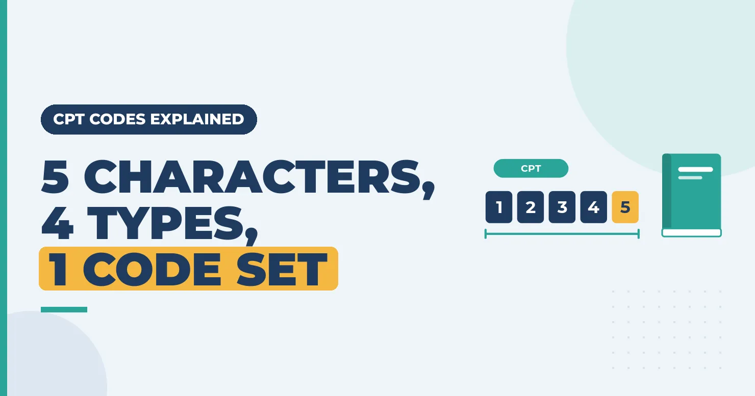 CPT codes explained: 5 characters, 4 types, 1 code set. Five code character boxes beside a code book