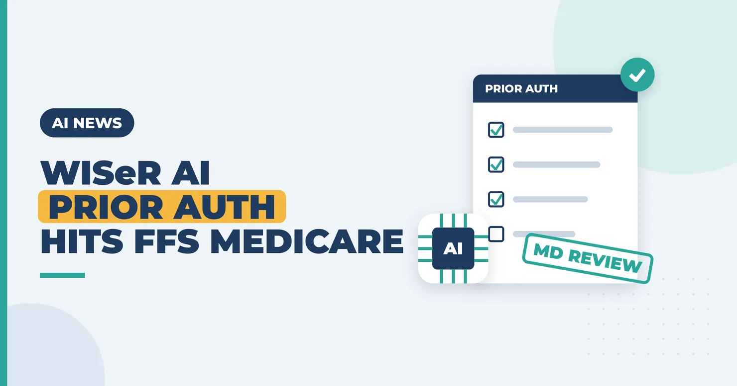 Illustration of an Original Medicare prior-auth form flagged by AI with a 72-hour clock and clinical review stamp for the WISeR pilot